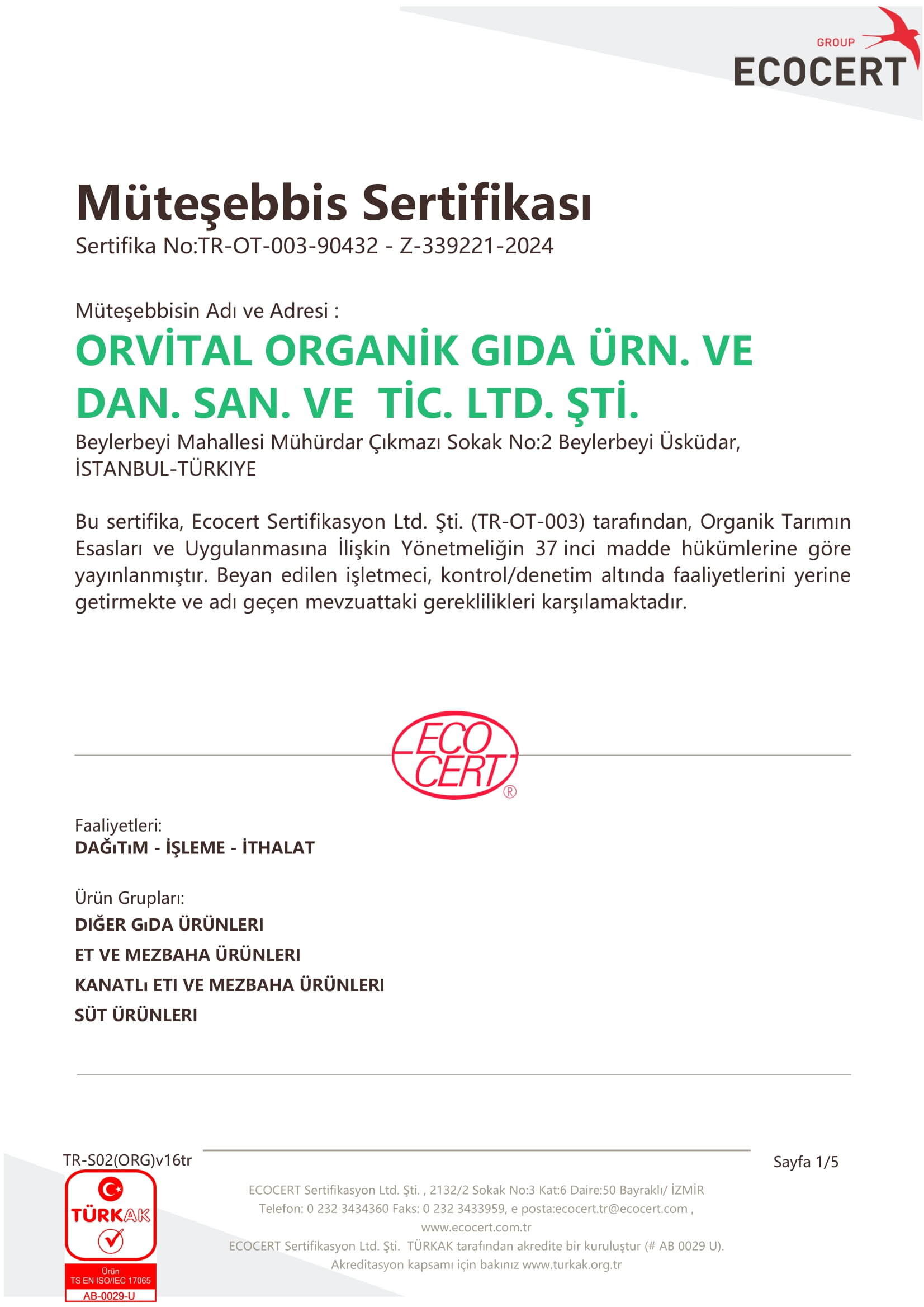 ECOCERT Organik Müteşebbis Sertifikası — Orvital Organik Gıda
