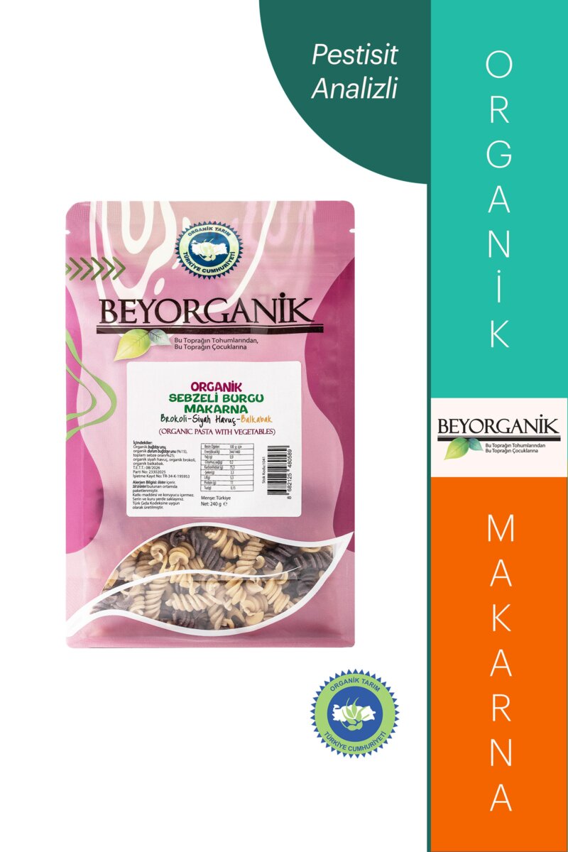 Organik Sebzeli Burgu Makarna %25 Siyah Havuç-Brokoli-Balkabağı 240gr (PESTİSİT VE AFLATOKSİN ANALİZLİ)